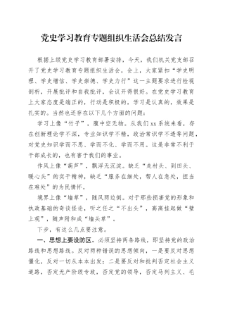 党史学习教育专题组织生活会总结发言