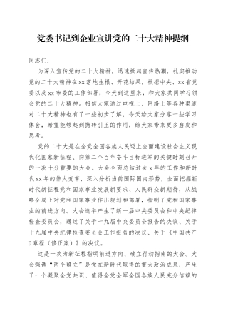 党委书记到企业宣讲党的二十大精神提纲
