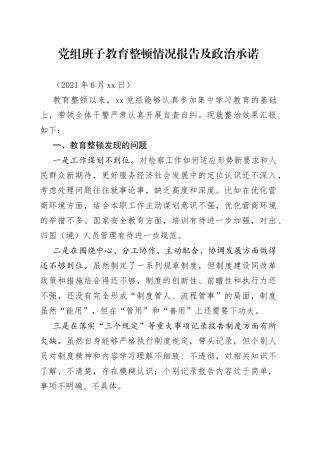 党组班子教育整顿情况报告及政治承诺