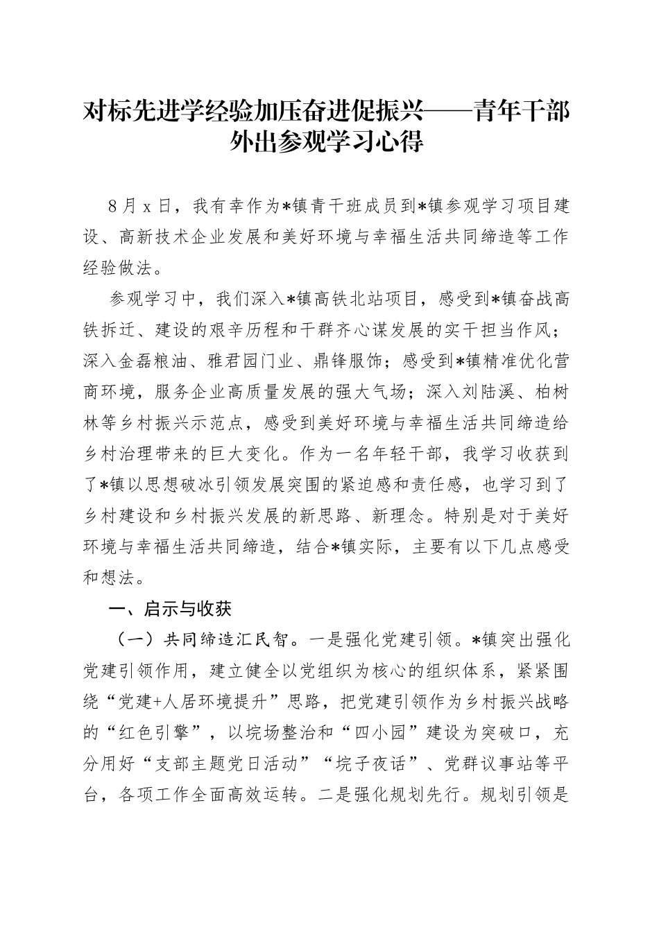 对标先进学经验加压奋进促振兴青年干部外出参观学习心得_第1页
