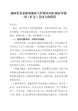 副市长在市质量强市工作领导小组2022年第一次（扩大）会议上的讲话