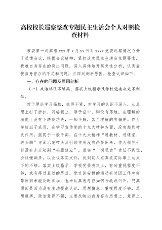 高校校长巡察整改专题民主生活会个人对照检查材料