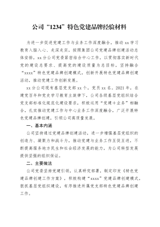 公司“1234”特色党建品牌经验材料