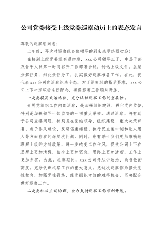 公司党委接受上级党委巡察动员上的表态发言