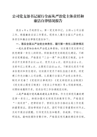 公司党支部书记履行全面从严治党主体责任和廉洁自律情况报告