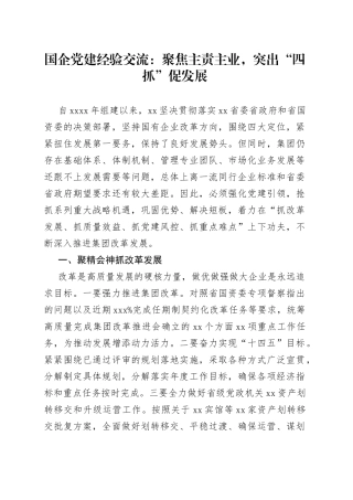 国企党建经验交流：聚焦主责主业，突出“四抓”促发展