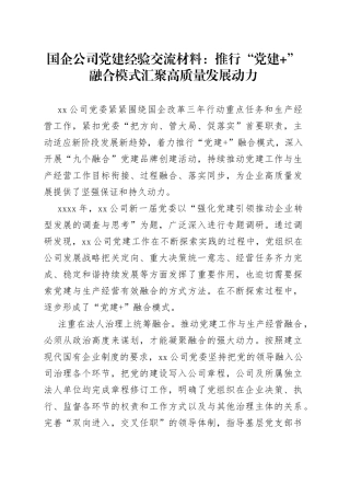 国企公司党建经验交流材料：推行“党建+”融合模式汇聚高质量发展动力