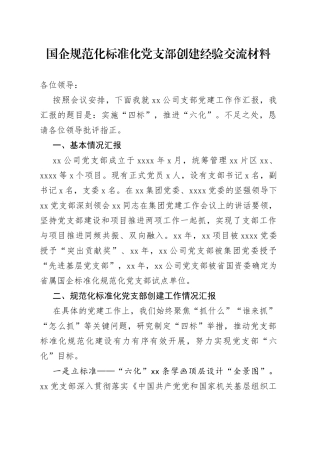 国企规范化标准化党支部创建经验交流材料