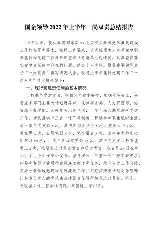 国企领导2022年上半年一岗双责总结报告
