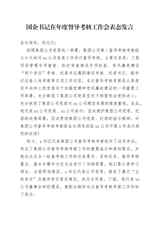 国企书记在年度督导考核工作会表态发言