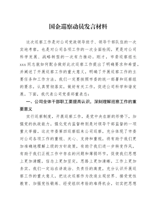 国企巡察动员发言材料
