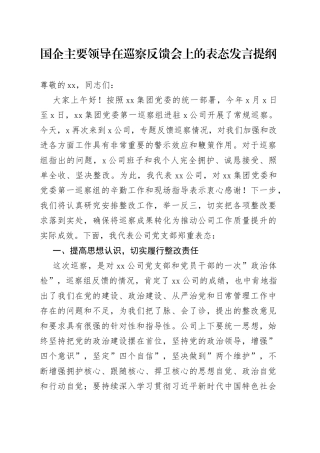 国企主要领导在巡察反馈会上的表态发言提纲