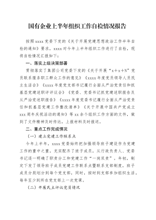 国有企业上半年组织工作自检情况报告