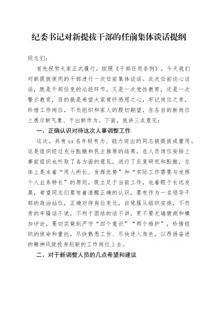 纪委书记对新提拔干部的任前集体谈话提纲