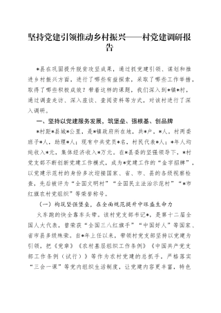 坚持党建引领推动乡村振兴村党建调研报告