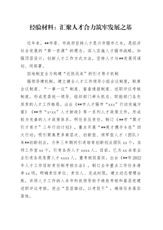 经验材料：汇聚人才合力筑牢发展之基