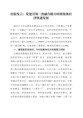 经验发言：党建引领三治融合助力村级集体经济快速发展