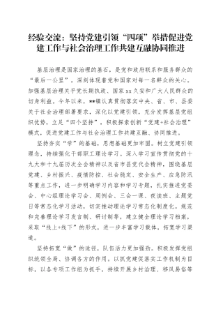 经验交流：坚持党建引领“四项”举措促进党建工作与社会治理工作共建互融协同推进