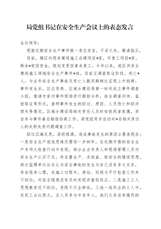 局党组书记在安全生产会议上的表态发言
