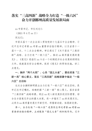 落实“三高四新”战略全力打造“一级六区”奋力开创郴州高质量发展新局面