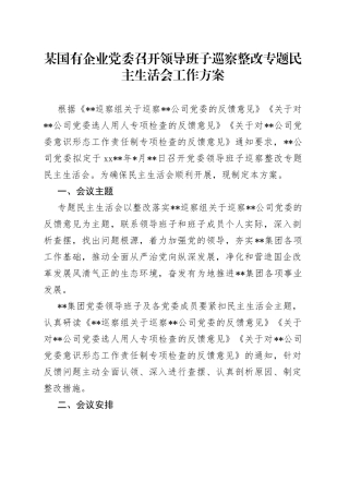 某国有企业党委召开领导班子巡察整改专题民主生活会工作方案