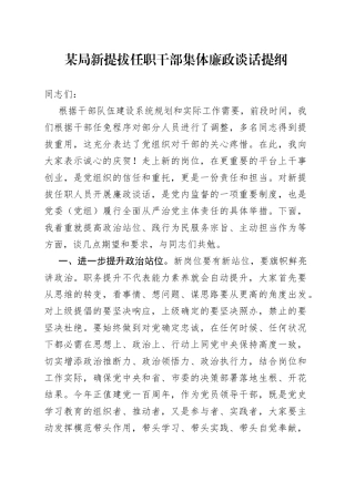 某局新提拔任职干部集体廉政谈话提纲