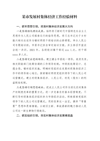 某市发展村集体经济工作经验材料