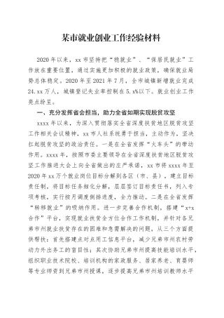 某市就业创业工作经验材料