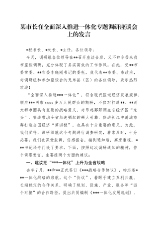 某市长在全面深入推进一体化专题调研座谈会上的发言