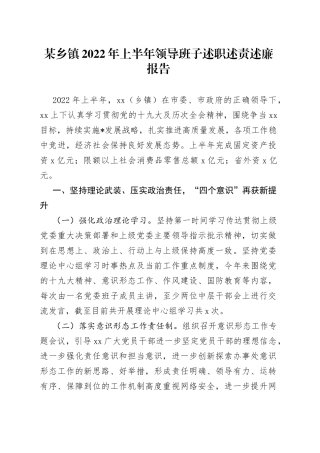 某乡镇2022年上半年领导班子述职述责述廉报告