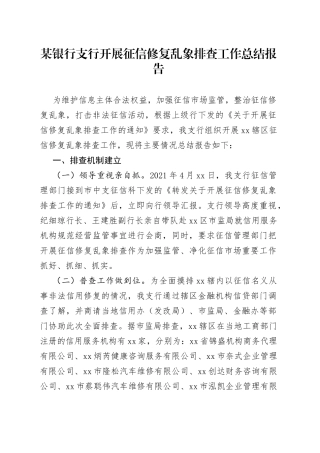 某银行支行开展征信修复乱象排查工作总结报告