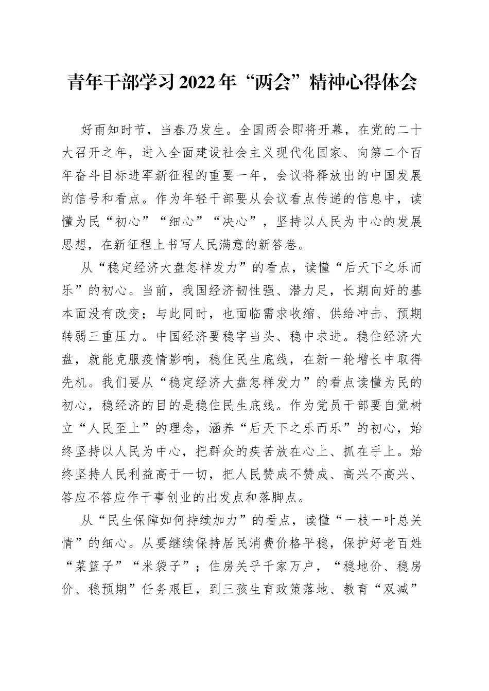 青年干部学习2022年“两会”精神心得体会_第1页