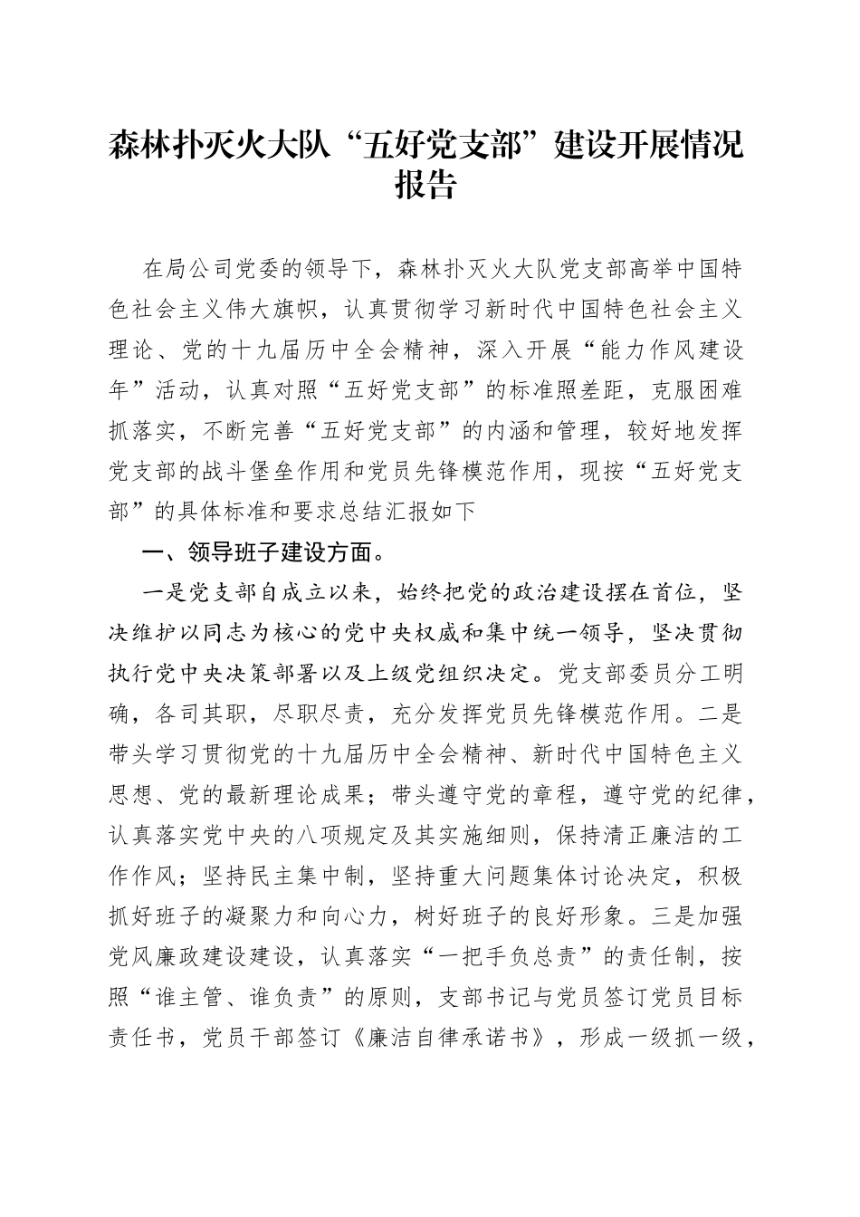 森林扑灭火大队“五好党支部”建设开展情况报告_第1页