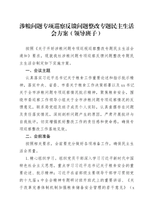 涉粮问题专项巡察反馈问题整改专题民主生活会方案（领导班子）