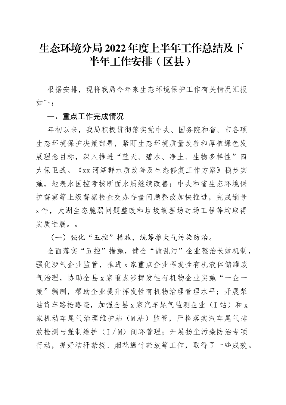 生态环境分局2022年度上半年工作总结及下半年工作安排（区县）_第1页
