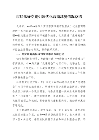 市局抓好党建引领优化营商环境情况总结