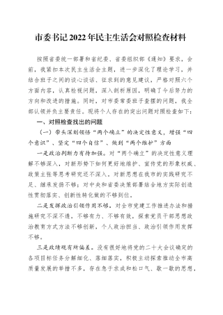 市委书记2022年民主生活会对照检查材料
