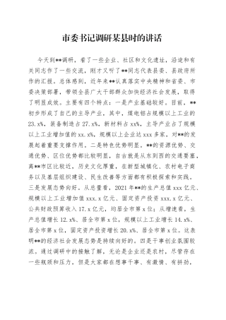 市委书记调研某县时的讲话