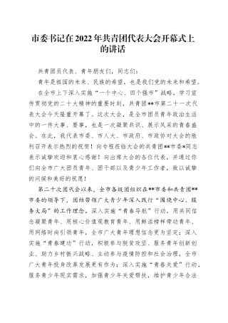 市委书记在2022年共青团代表大会开幕式上的讲话