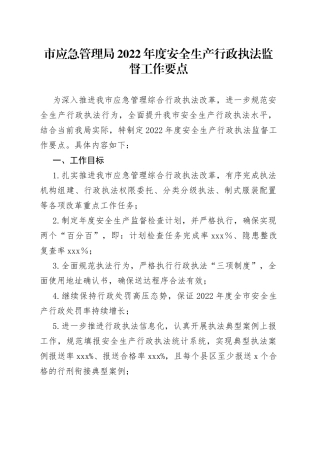 市应急管理局2022年度安全生产行政执法监督工作要点