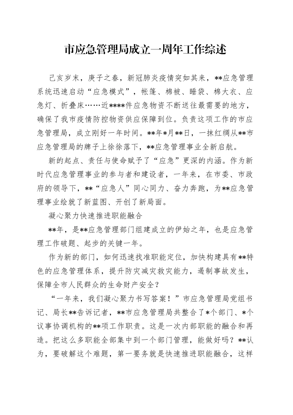 市应急管理局成立一周年工作综述_第1页