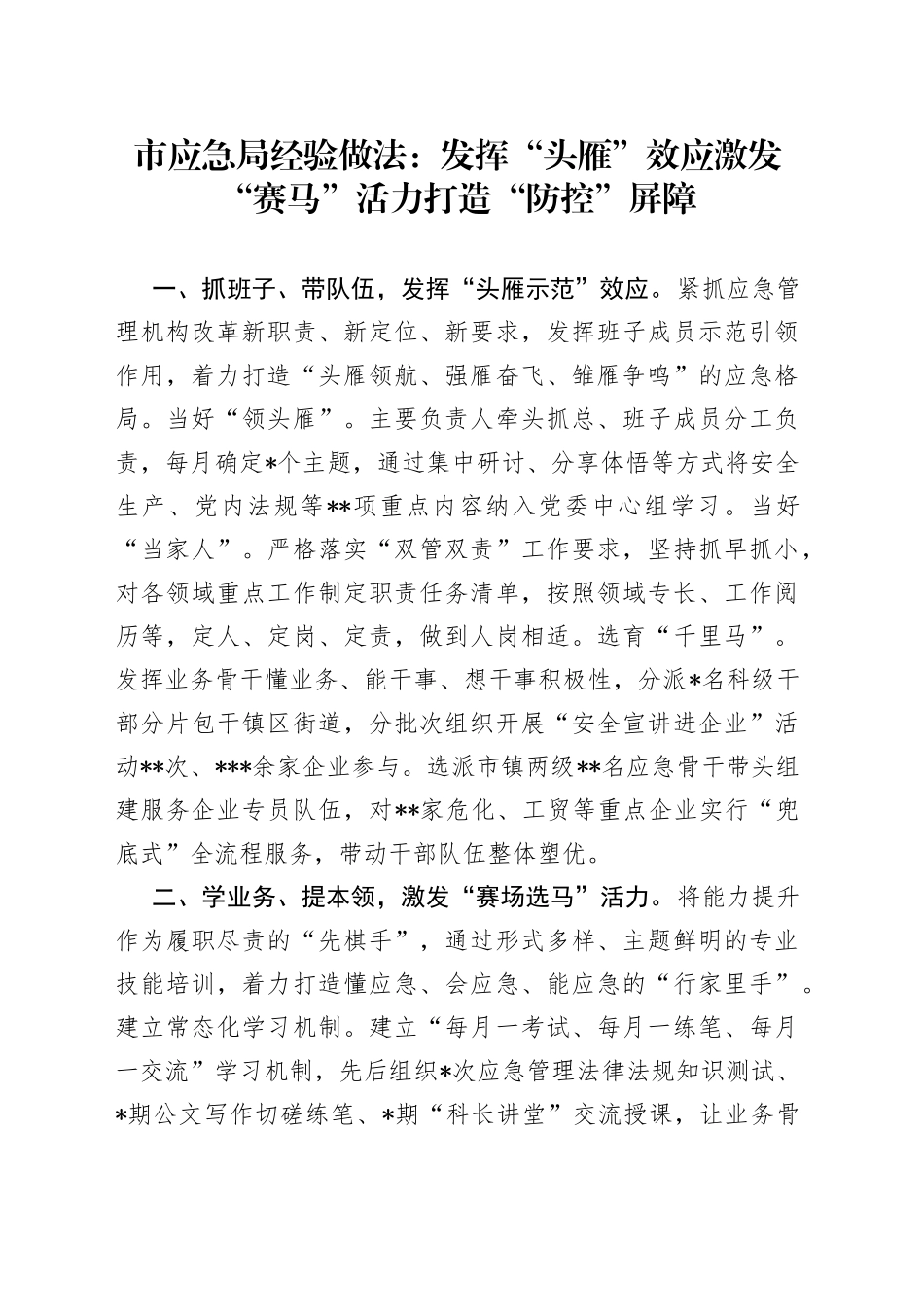 市应急局经验做法：发挥“头雁”效应激发“赛马”活力打造“防控”屏障_第1页