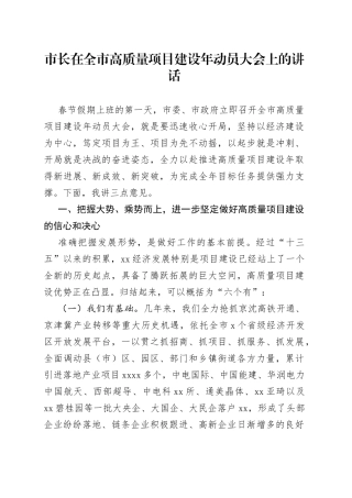 市长在全市高质量项目建设年动员大会上的讲话