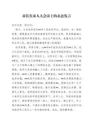 市长在市人大会议上的表态发言