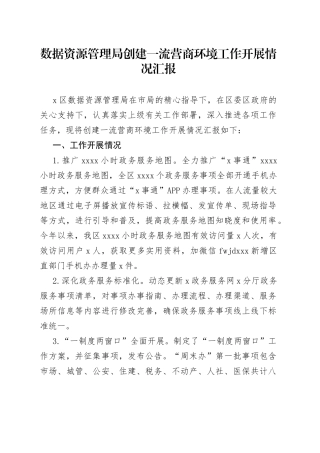 数据资源管理局创建一流营商环境工作开展情况汇报