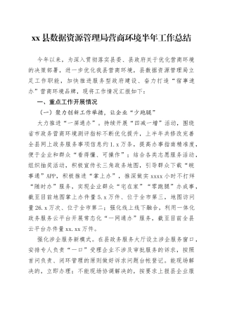 数据资源管理局营商环境半年工作总结