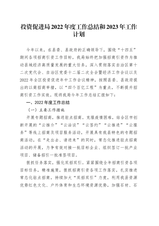 投资促进局2022年度工作总结和2023年工作计划