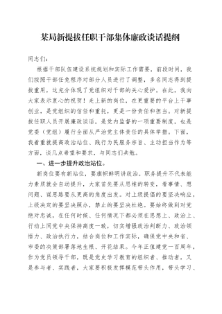 新提拔任职干部集体廉政谈话提纲