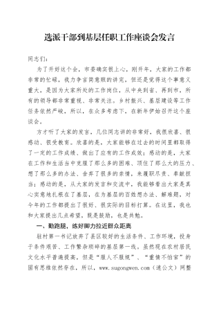 选派干部到基层任职工作座谈会发言