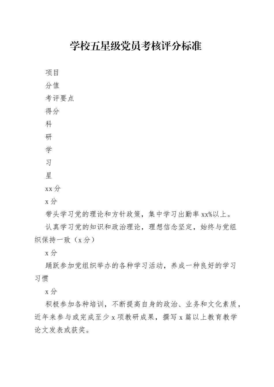 学校五星级党员考核评分标准（表格）_第1页